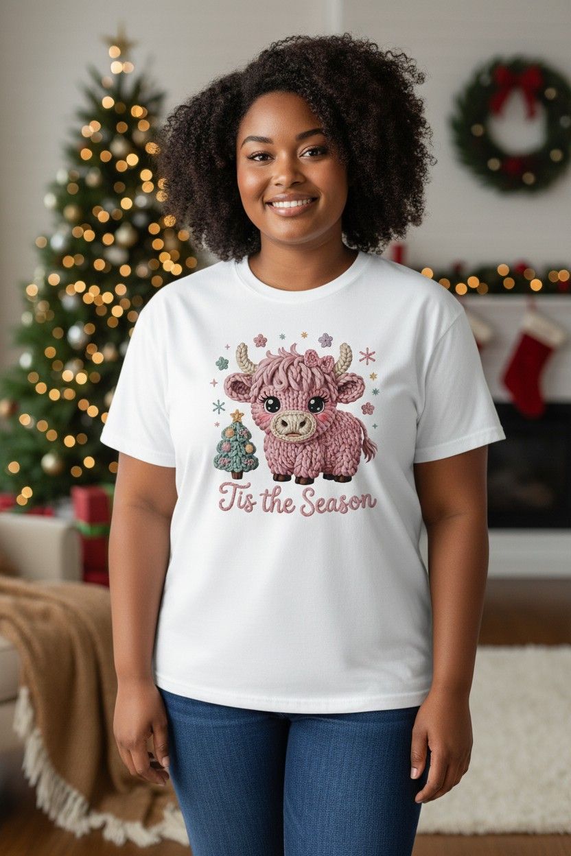 Tis the Season Highland Cow Christmas T-Shirt – Cute Holiday Tee with Pink Cow, Tree &amp; Snowflakes