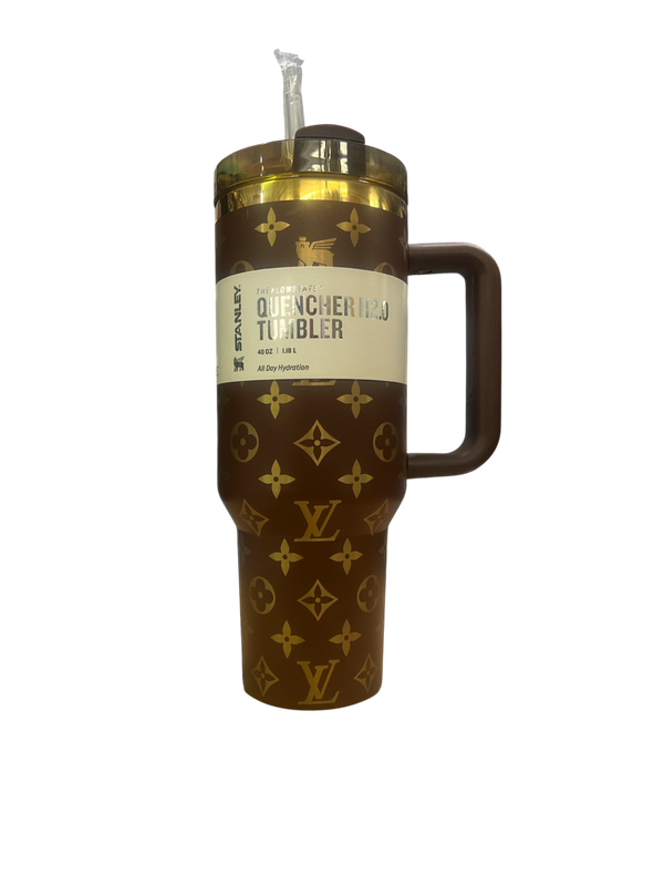 Stanley Quencher H2.0 40oz Tumbler – Custom LV Inspired Brown &amp; Gold Design, Stylish All Day Hydration Cup with Handle &amp; Straw