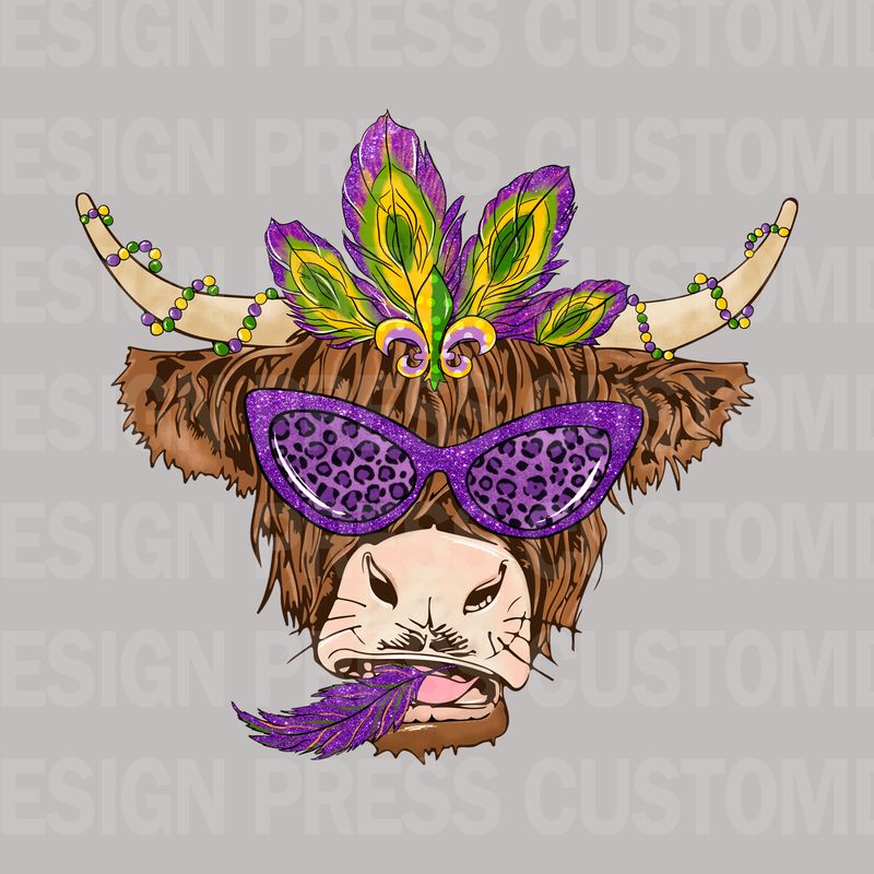 Mardi Gras Highland Cow PNG, sublimation, POD, Digital Download Image