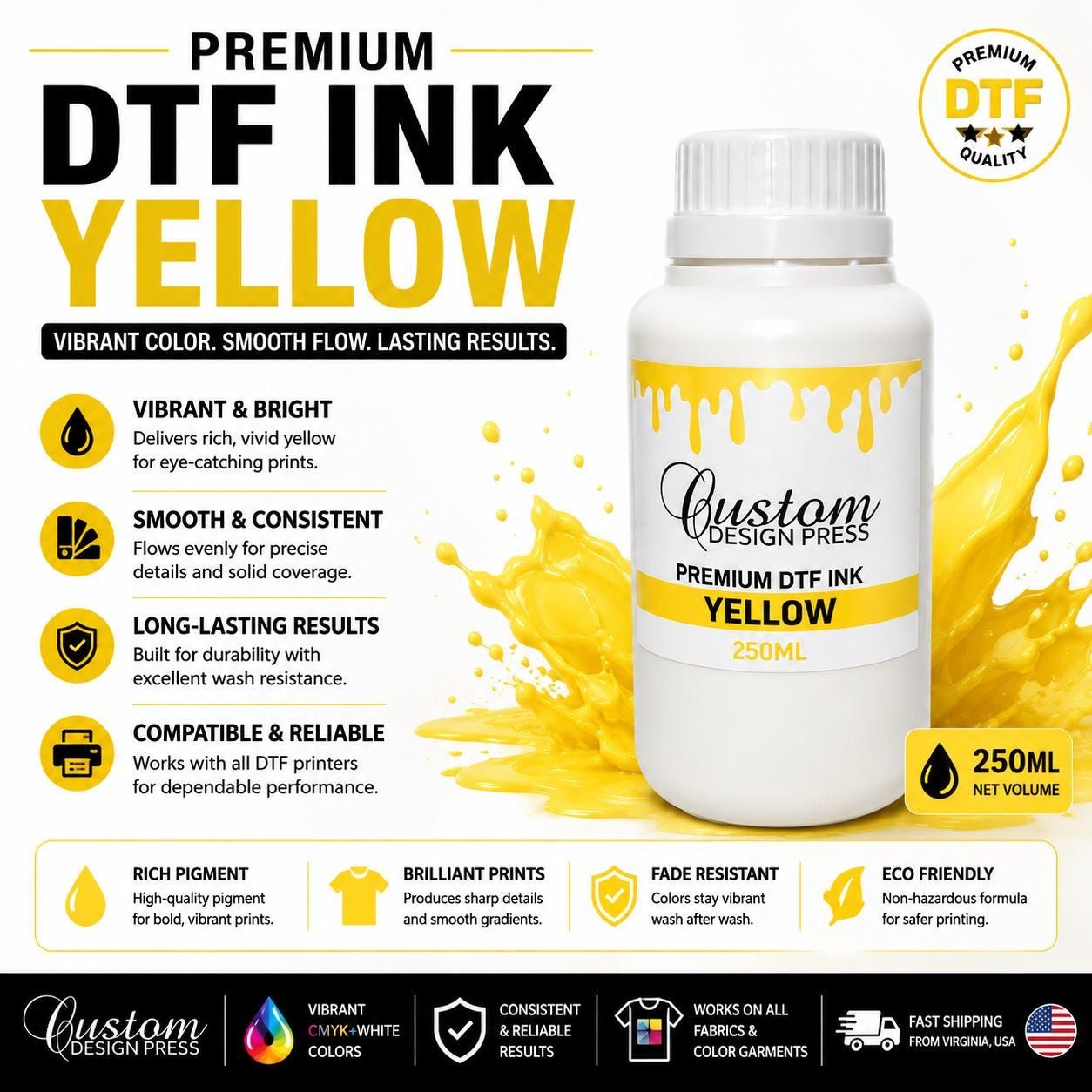 Premium Yellow DTF Ink – 250 ml
