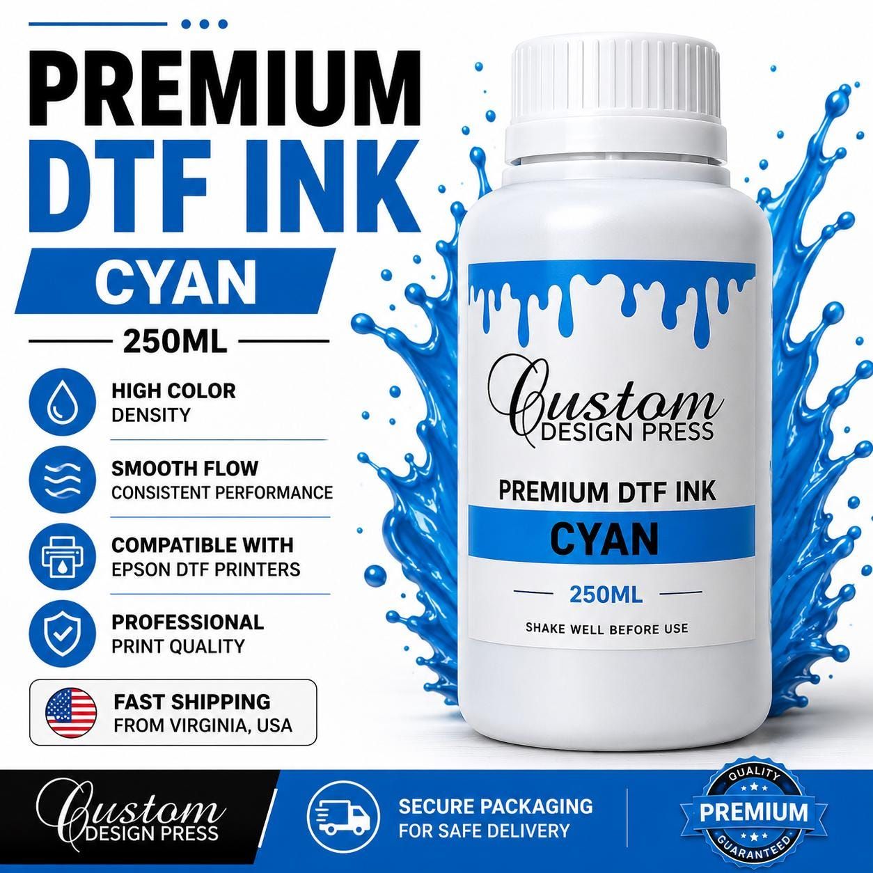 Premium Cyan DTF Ink – 250 ml