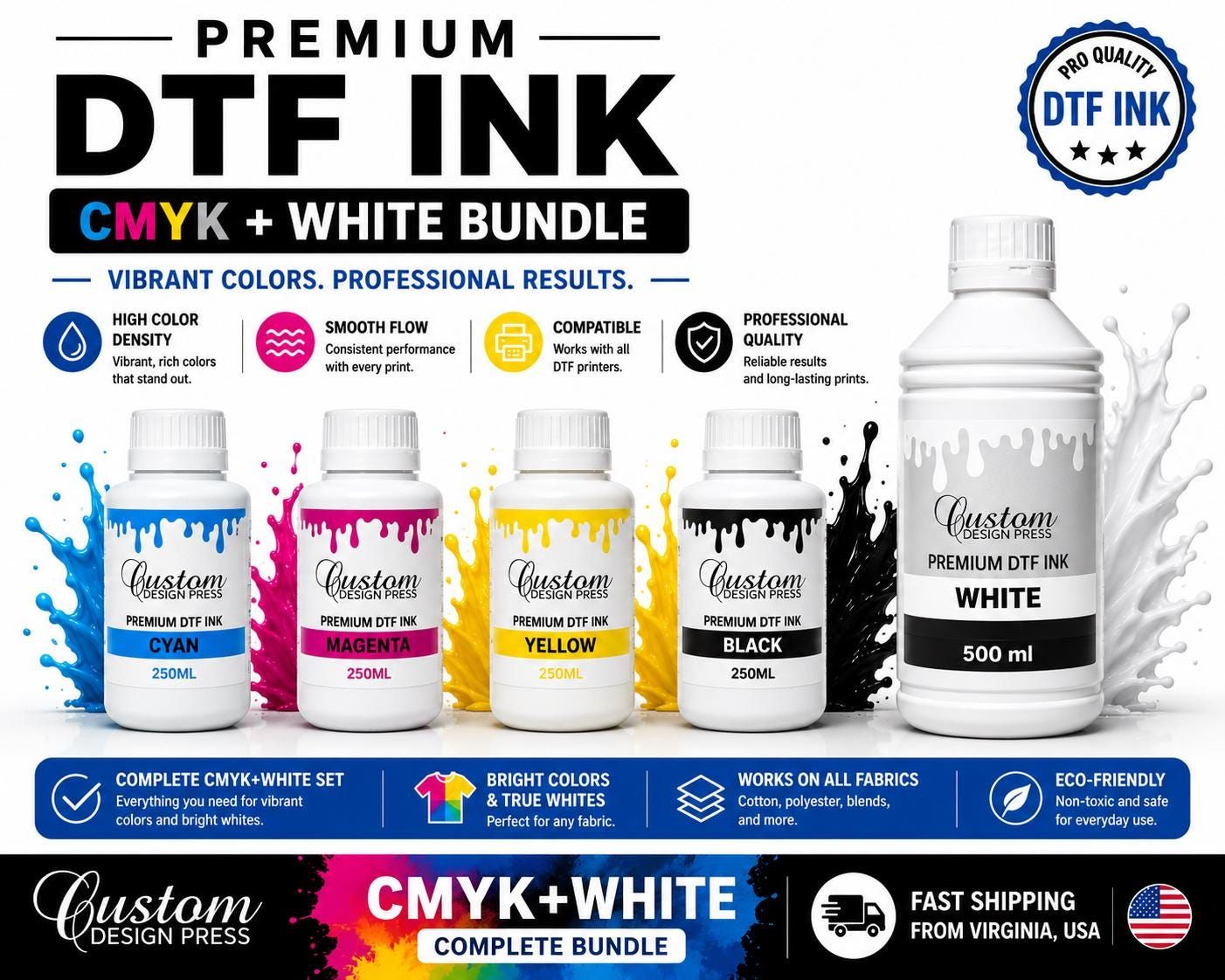 Premium CMYK + White DTF Ink Set – 250 ml / 500 ml