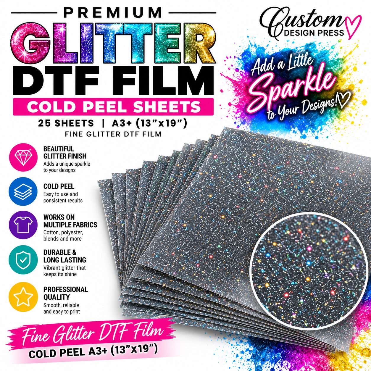 A3+ Fine Glitter Cold-Peel DTF Film Sheets – 25 Pack
