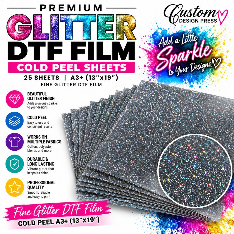 A3+ Fine Glitter Cold-Peel DTF Film Sheets – 25 Pack