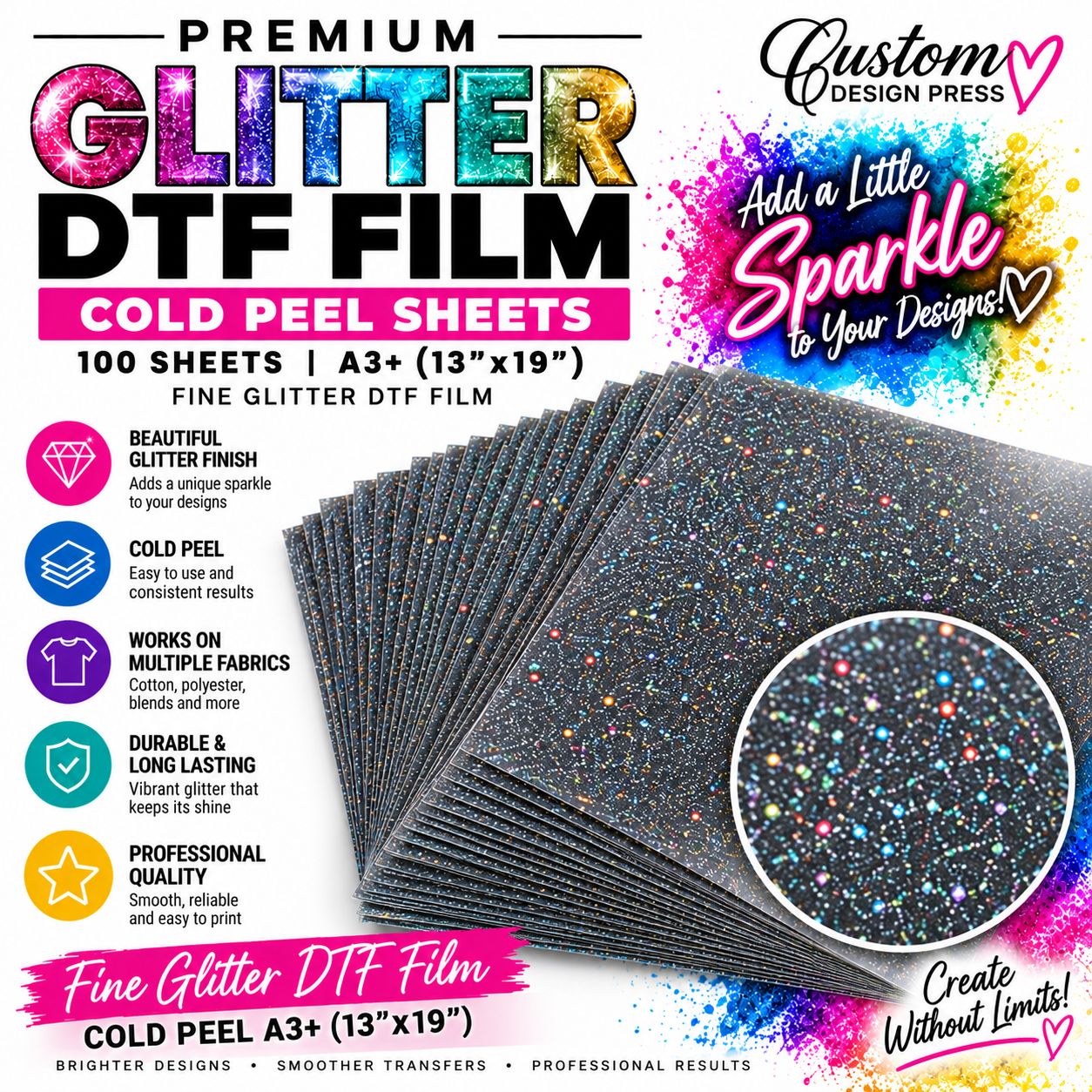 A3+ Fine Glitter Cold-Peel DTF Film Sheets – 100 Pack