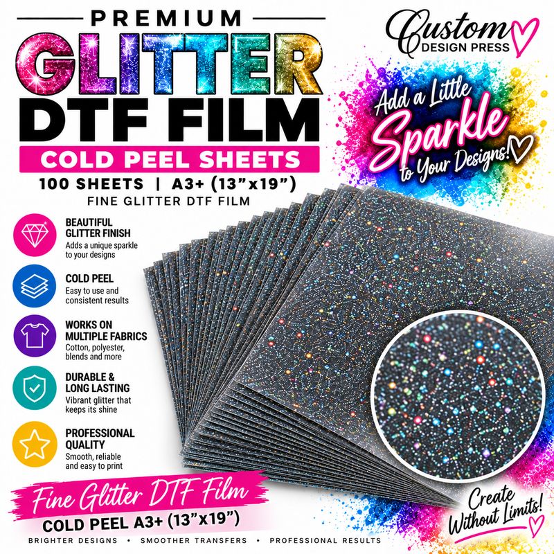 A3+ Fine Glitter Cold-Peel DTF Film Sheets – 100 Pack