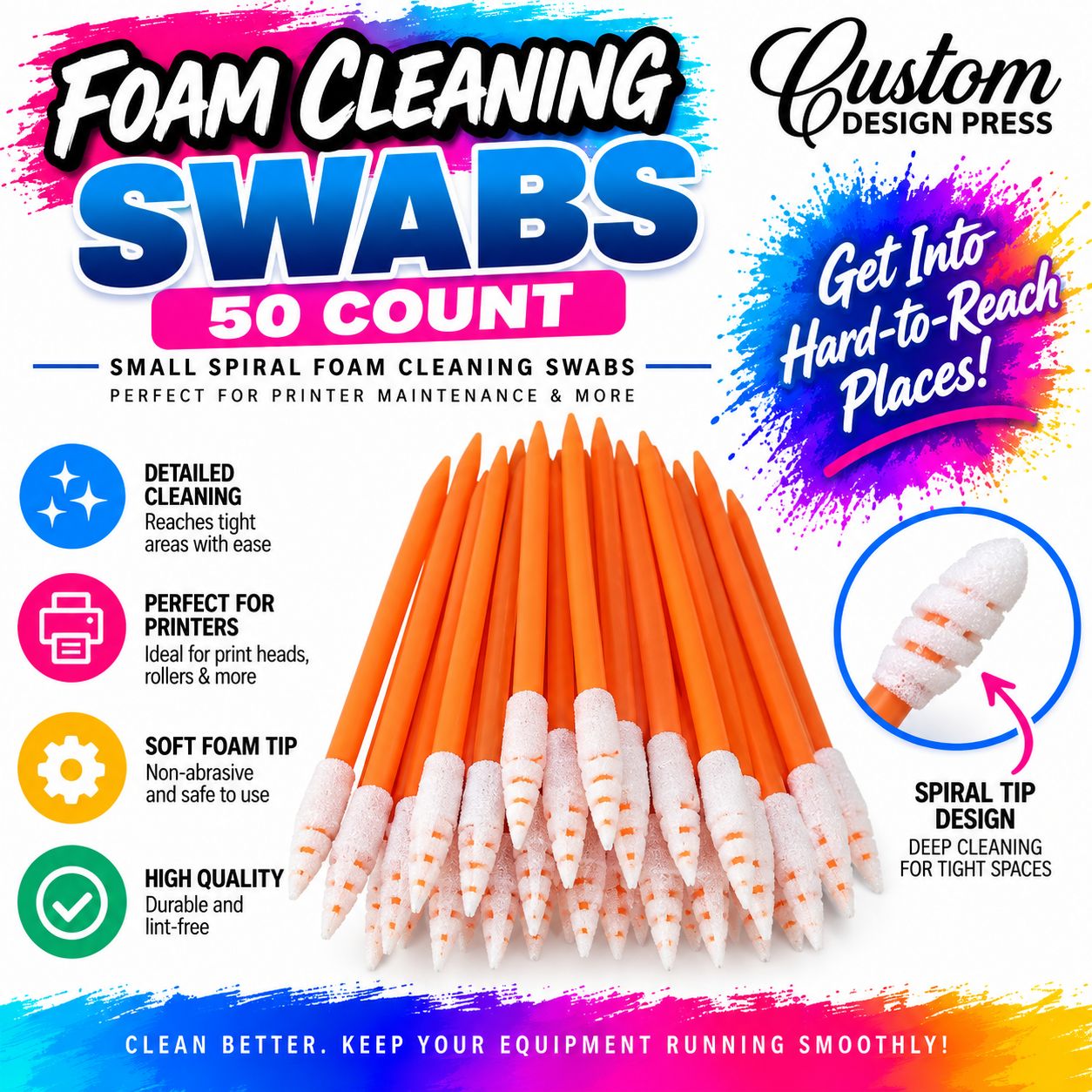 Small Spiral Foam Cleaning Swabs – 50 Pack