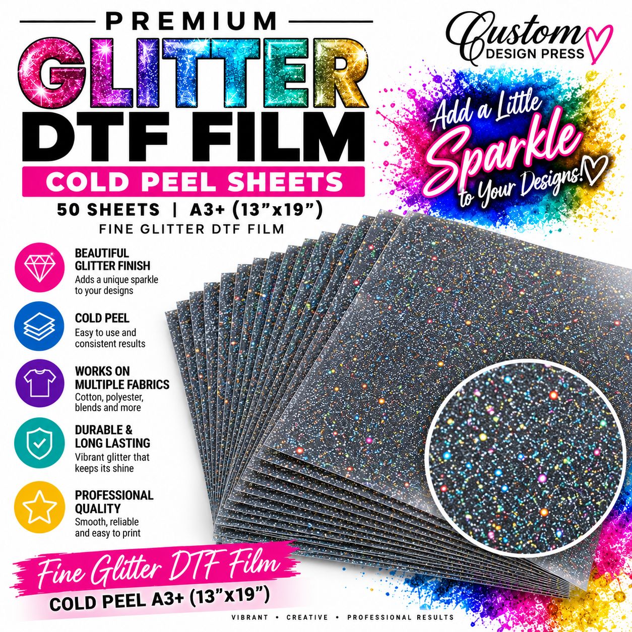 A3+ Fine Glitter Cold-Peel DTF Film Sheets – 50 Pack