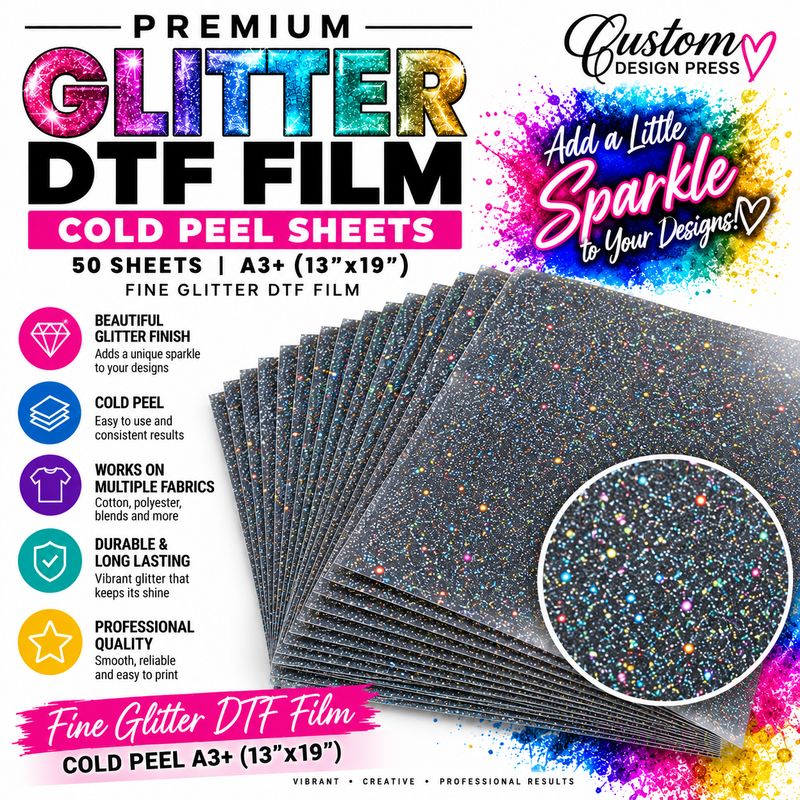 A3+ Fine Glitter Cold-Peel DTF Film Sheets – 50 Pack