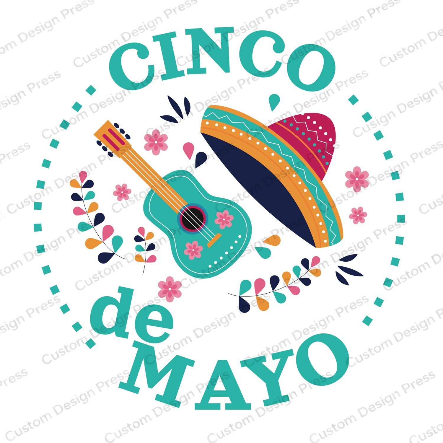 Cinco de Mayo Teal Guitar &amp; Sombrero PNG – Digital Download