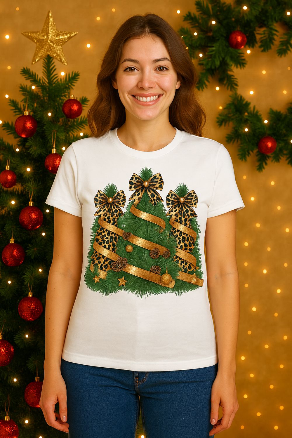 Stylish Holiday Leopard Christmas Tree T-Shirt, Shirt Color: White