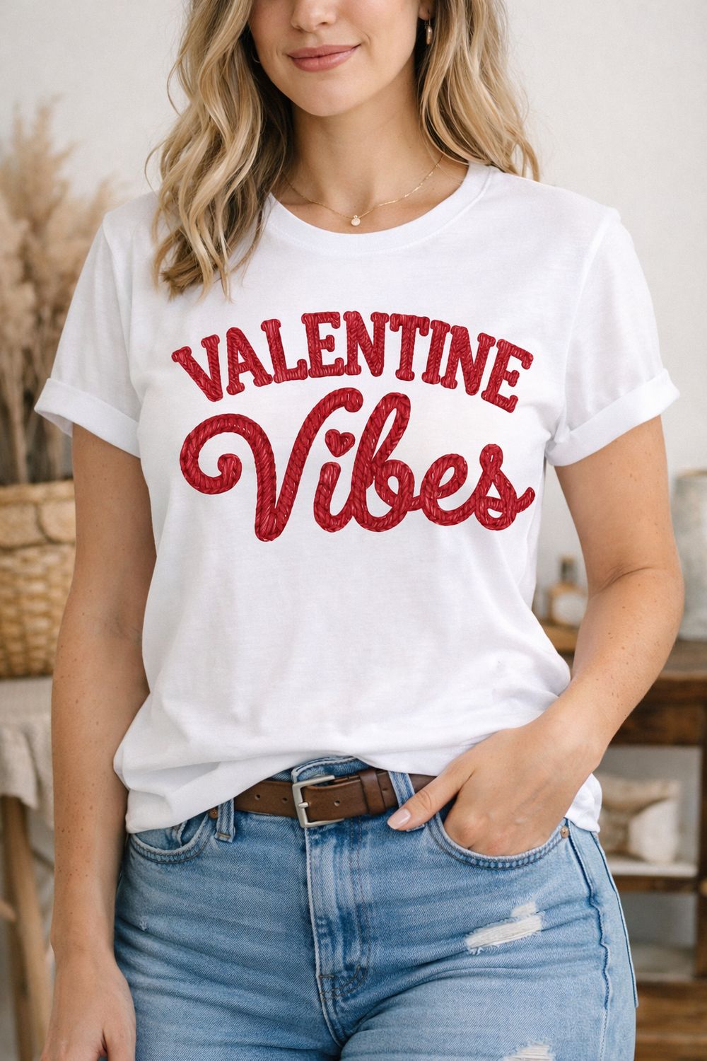 Valentine Vibes Shirt | Cute Valentine’s Day T-Shirt | Romantic Knit Look Graphic Tee