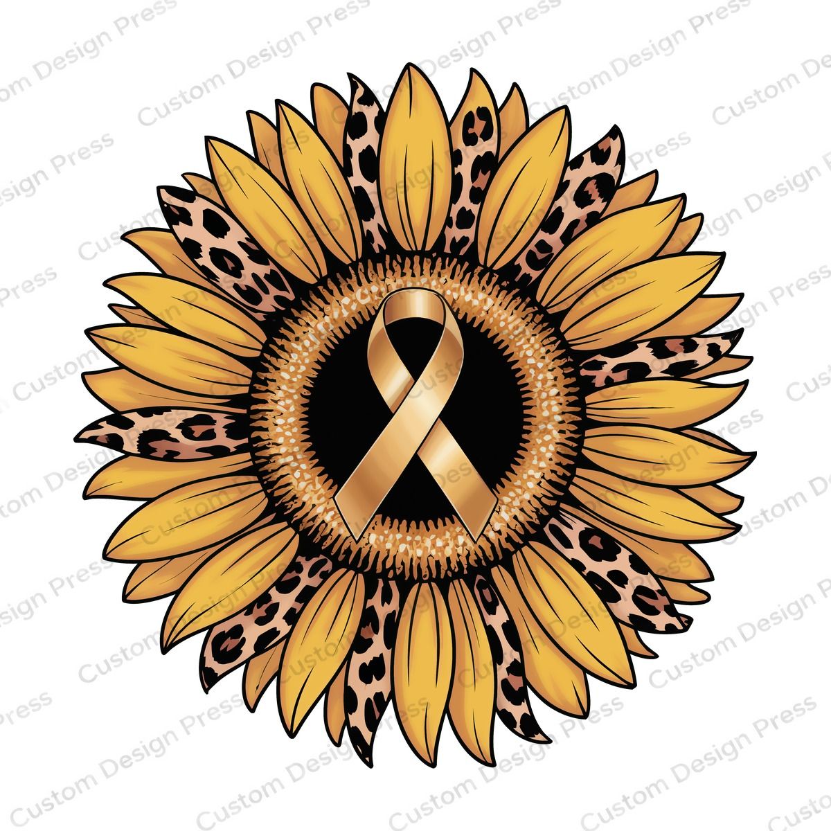 Gold Ribbon Leopard Sunflower Awareness PNG – Digital Download