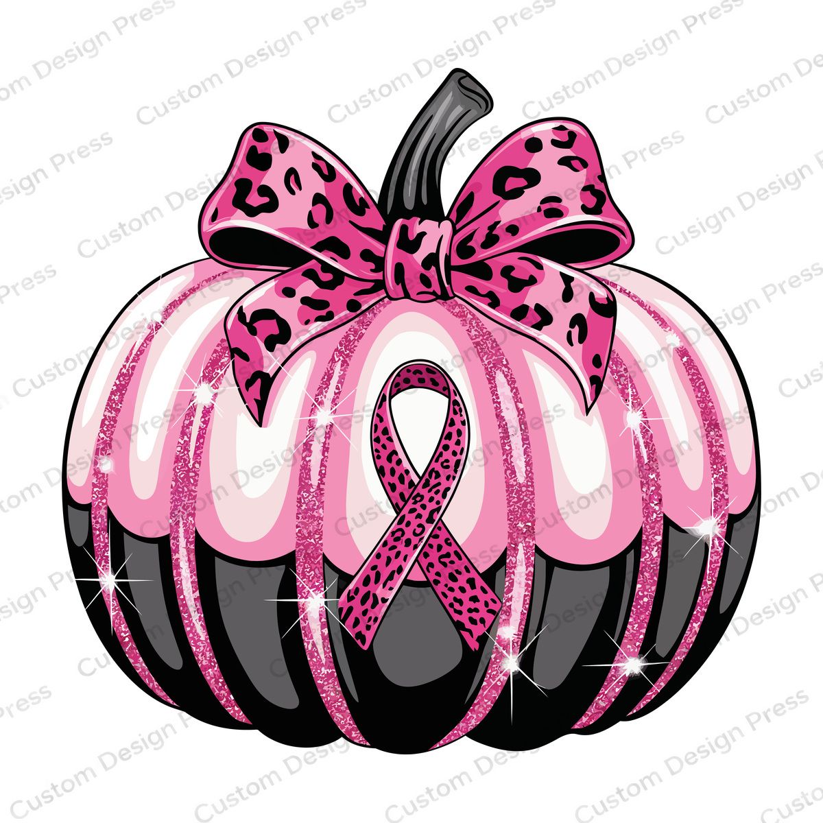Pink Ribbon Leopard Bow Pumpkin PNG – Digital Download