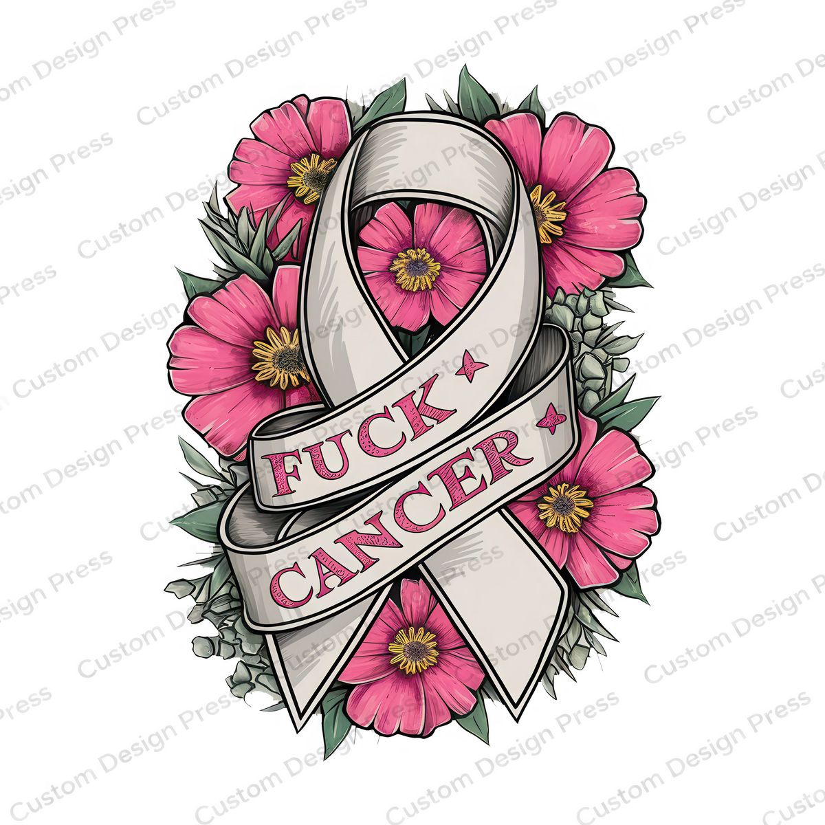 Fuck Cancer Floral Ribbon PNG – Digital Download