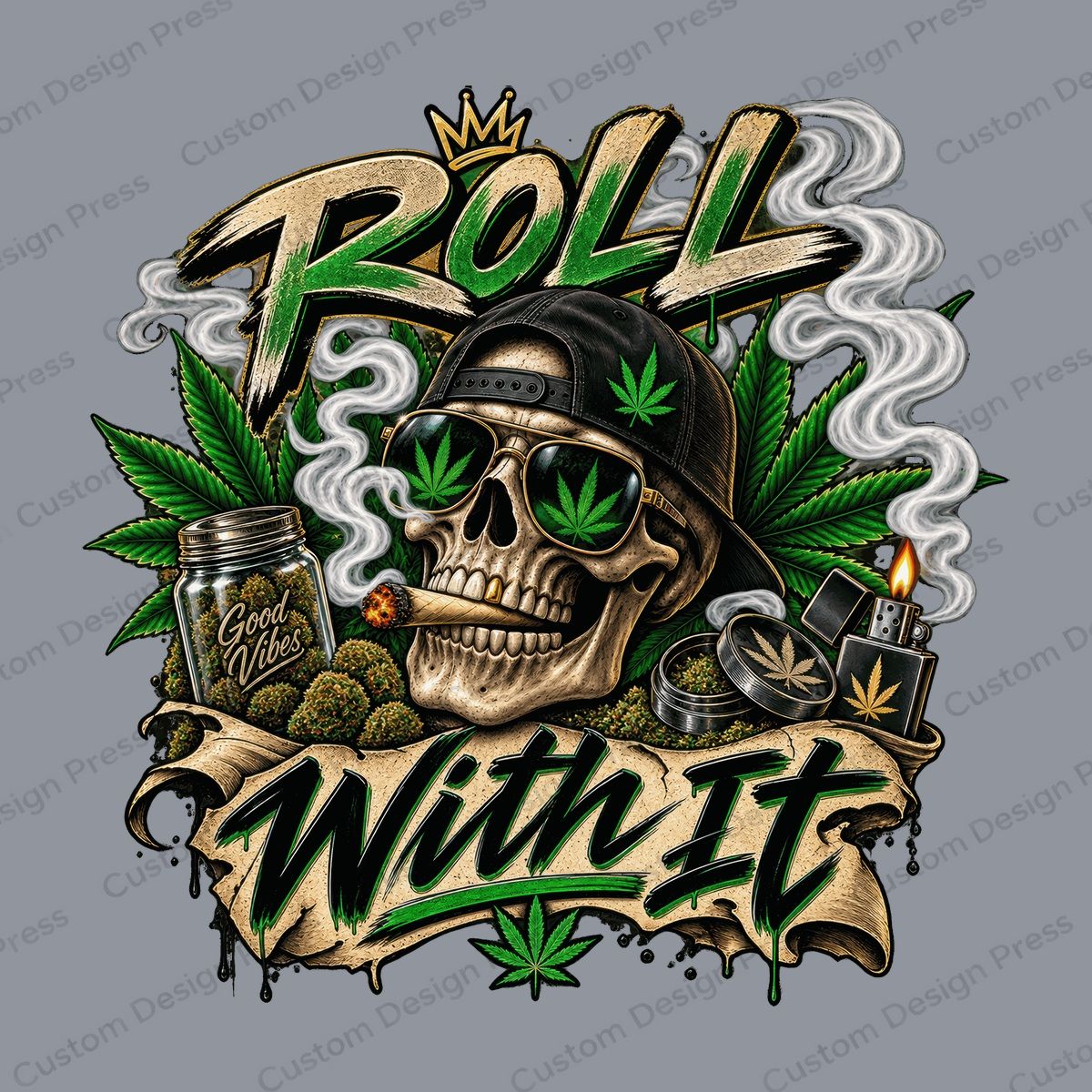 Roll with It Cannabis Skull PNG – Digital Download
