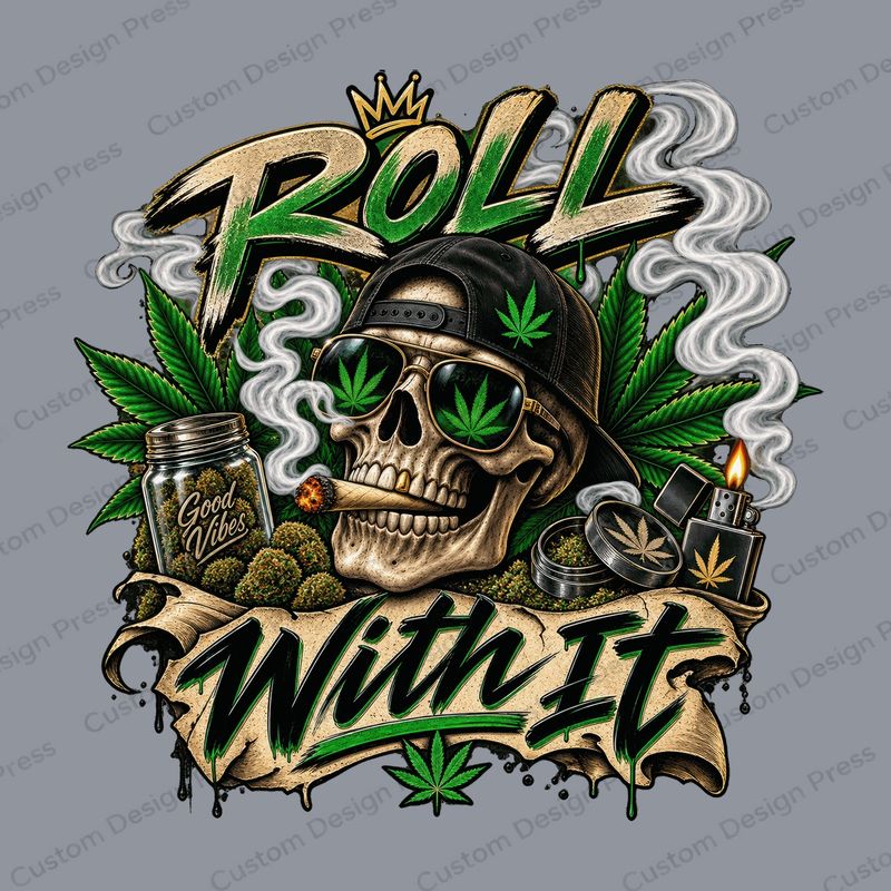 Roll with It Cannabis Skull PNG – Digital Download