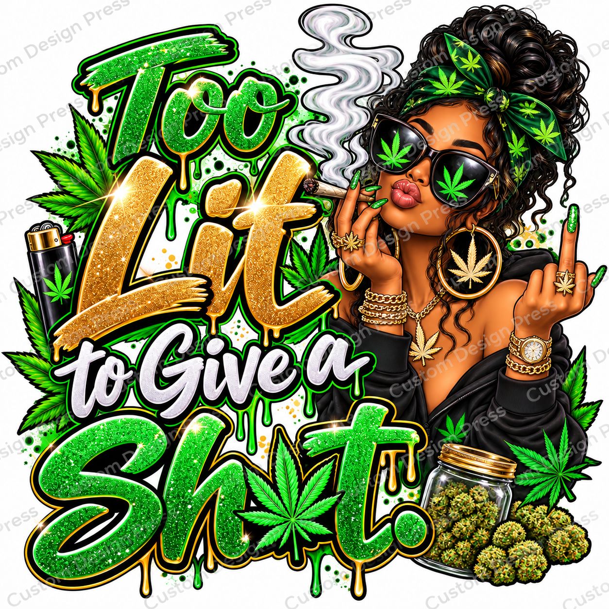 Too Lit to Give a Shit Cannabis Girl PNG – Curly Hair