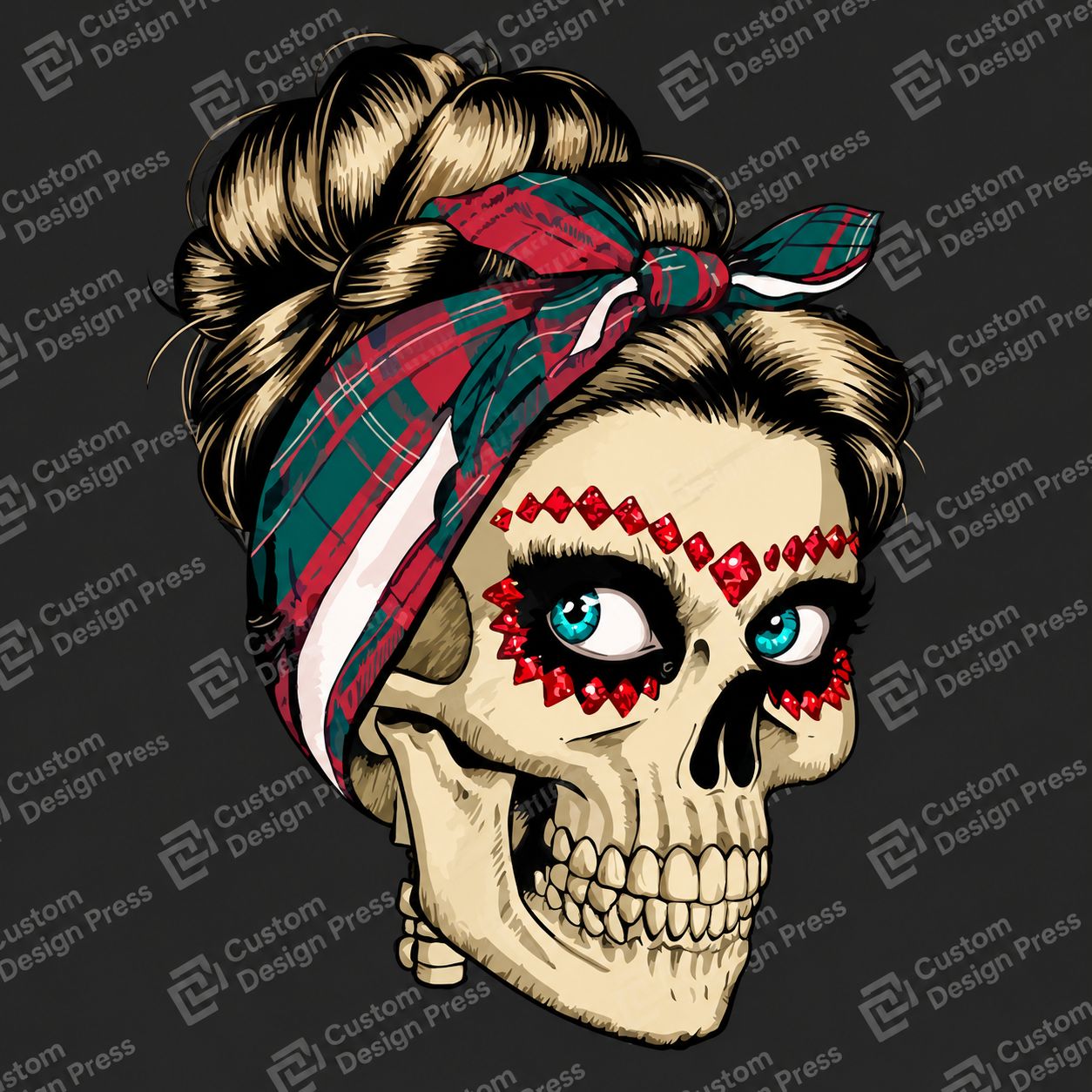 Christmas Skull with Plaid Hair Bow PNG – Digital Download