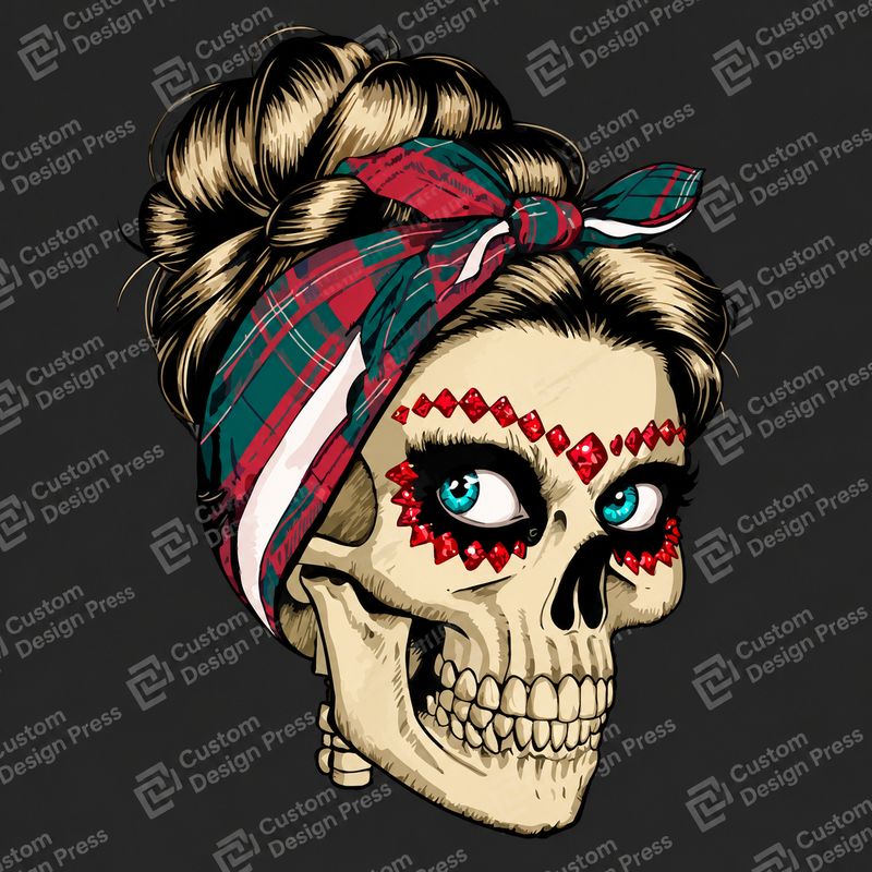 Christmas Skull with Plaid Hair Bow PNG – Digital Download
