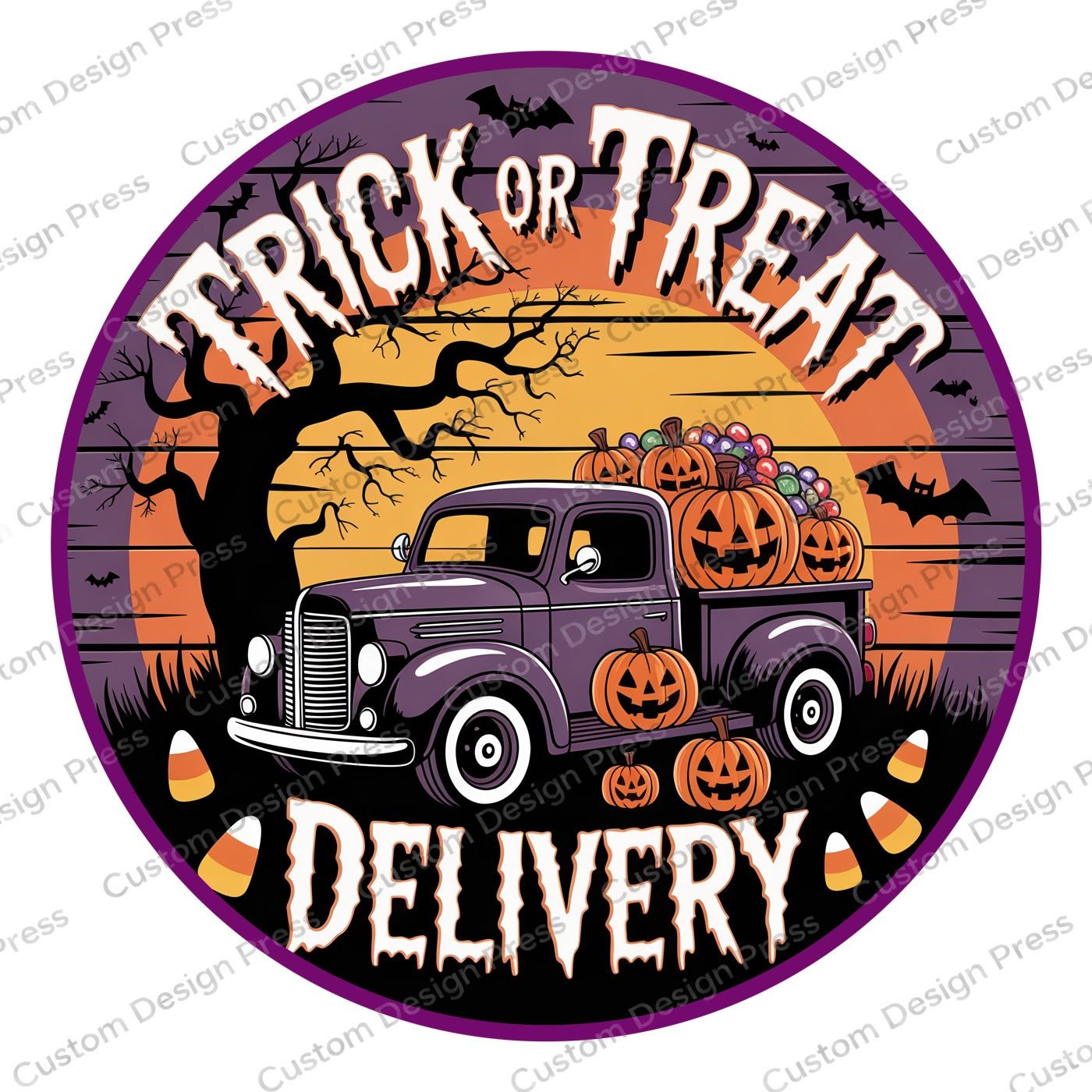 Trick or Treat Delivery Purple Truck Halloween Wreath Center Round