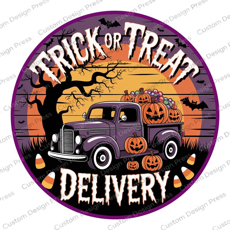 Trick or Treat Delivery Purple Truck Halloween Wreath Center Round