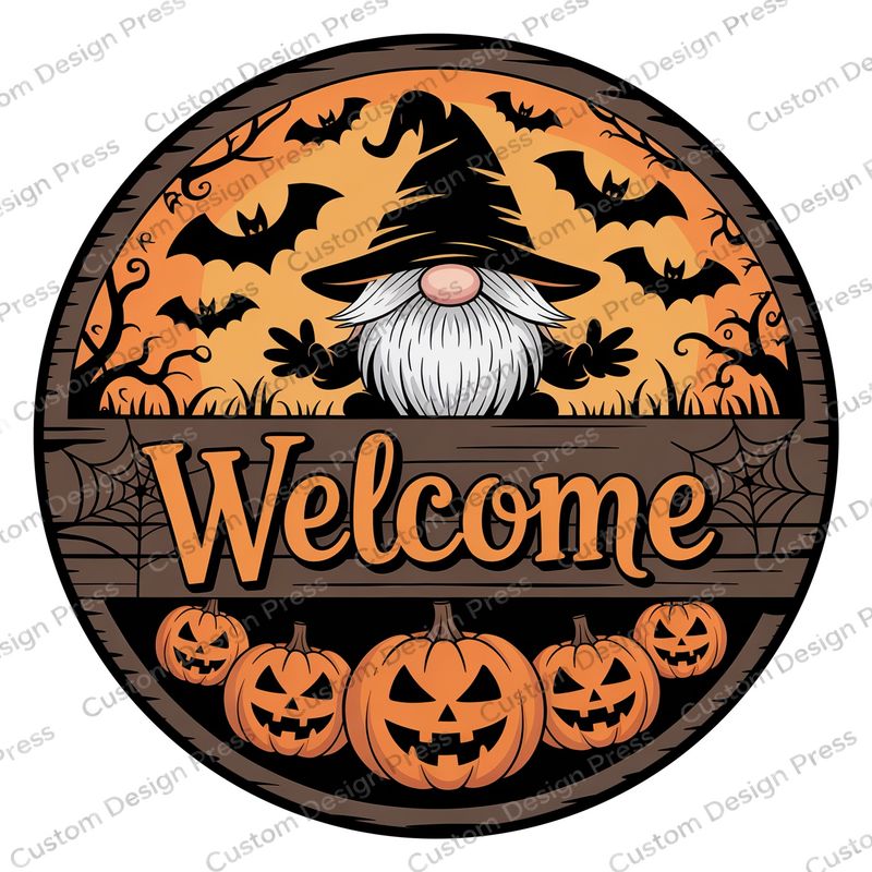 Welcome Halloween Gnome Halloween Wreath Center Round