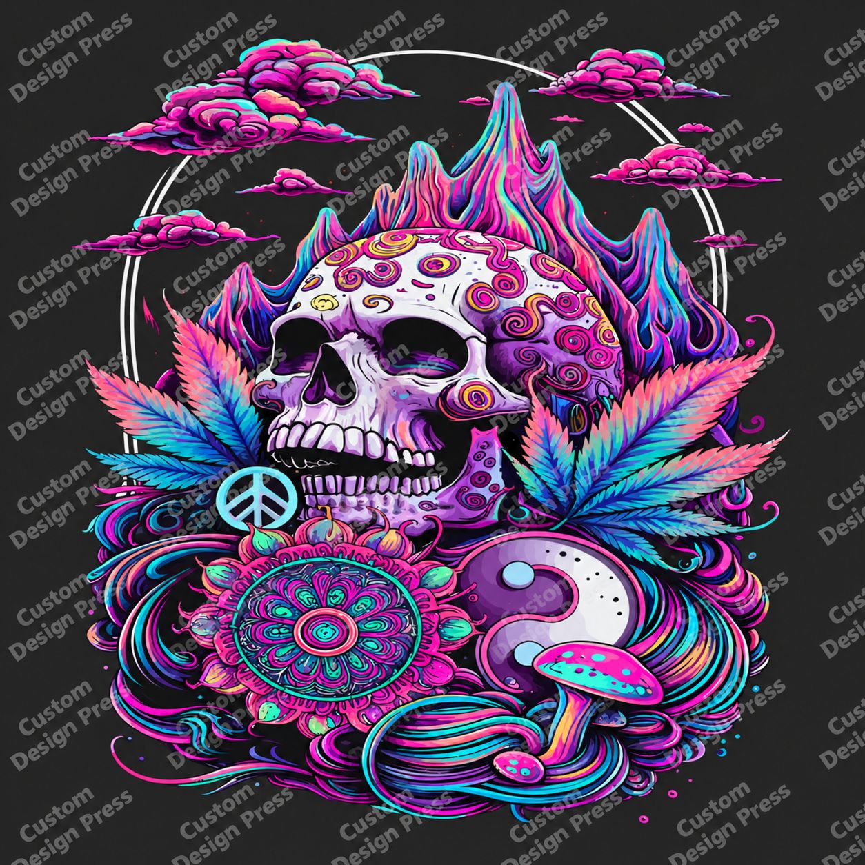 Psychedelic Peace and Yin-Yang Skull PNG – Digital Download