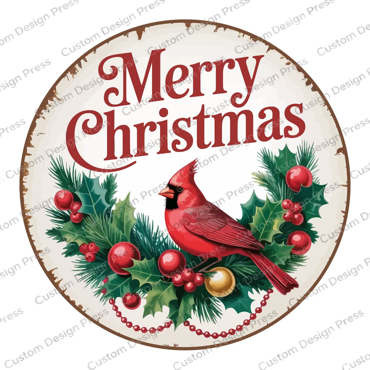 Merry Christmas Cardinal and Holly Wreath Center Round
