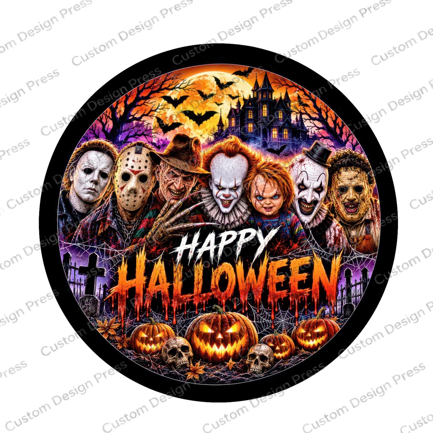 Happy Halloween Horror Character Collage Wreath Center Round