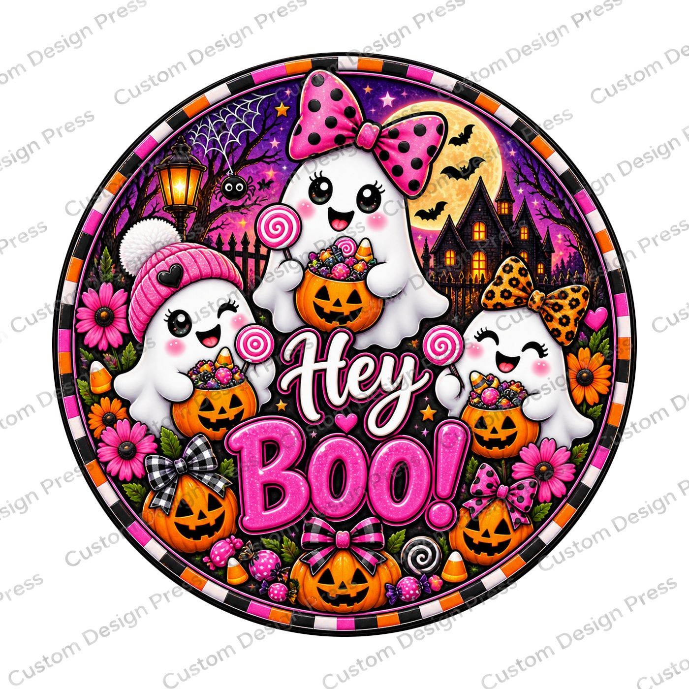 Hey Boo Pink Ghosts Wreath Center Round