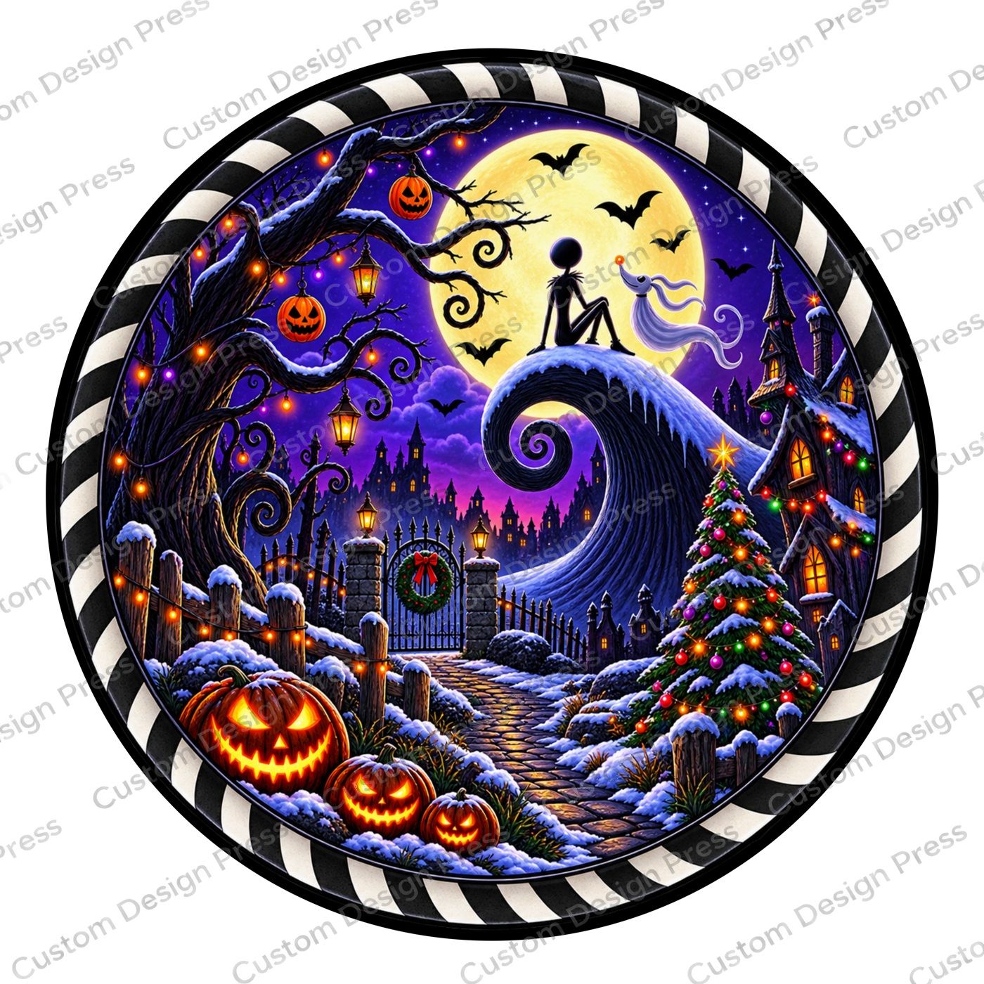 Moonlit Spiral Hill Halloween Wreath Center Round