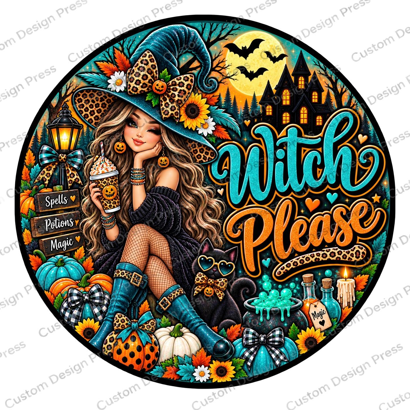 Witch Please Teal and Orange Wreath Center Round