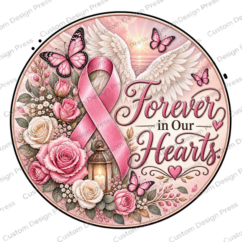 Forever in Our Hearts Pink Ribbon Wreath Center Round
