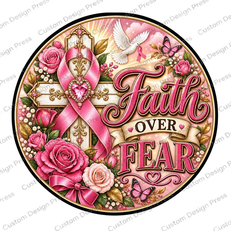 Faith Over Fear Pink Ribbon Wreath Center Round