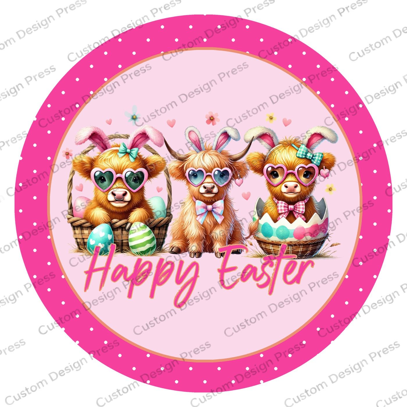 Happy Easter Highland Cow Trio Wreath Center Round