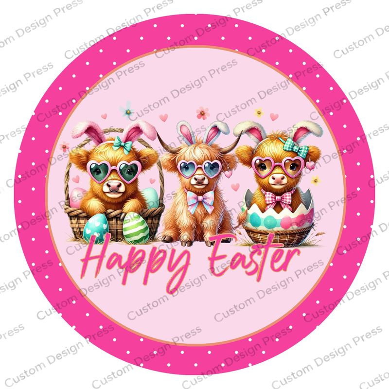 Happy Easter Highland Cow Trio Wreath Center Round