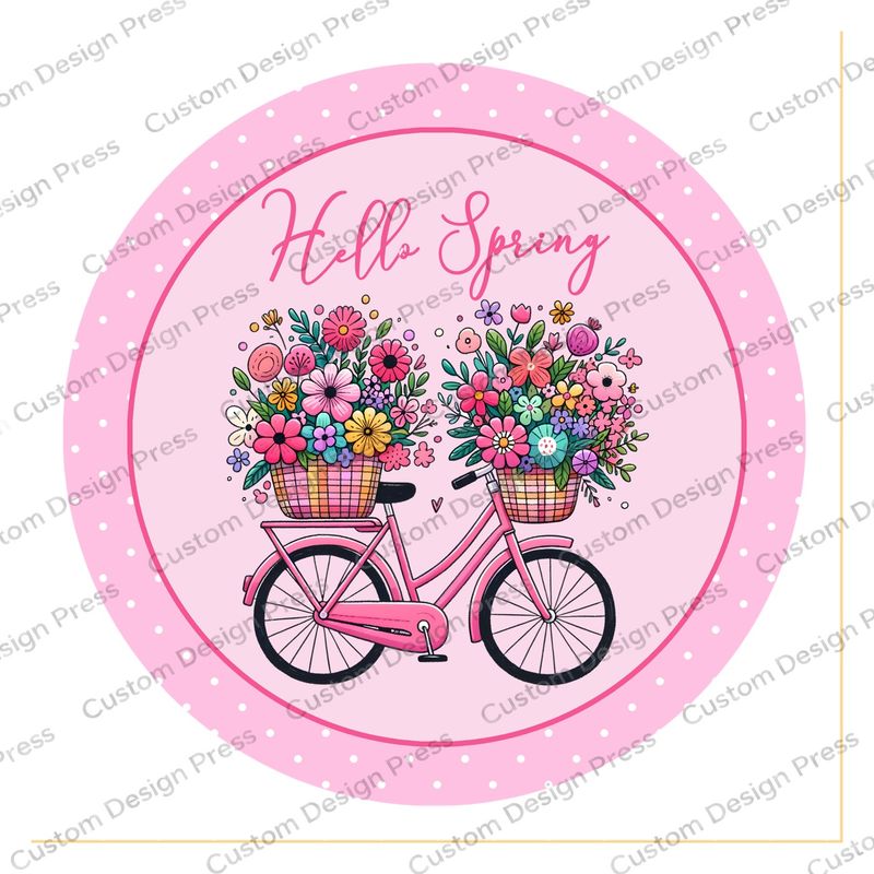 Hello Spring Pink Flower Bicycle Wreath Center Round