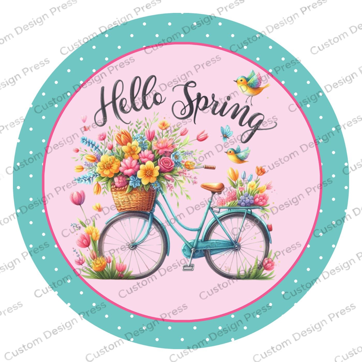 Hello Spring Teal Flower Bicycle Wreath Center Round
