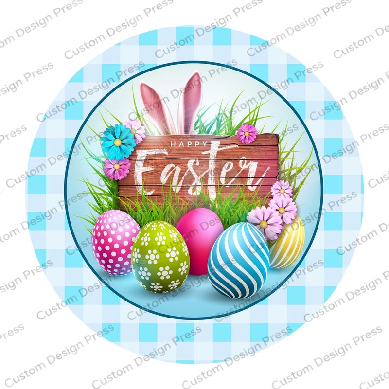 Happy Easter Blue Gingham Eggs Wreath Center Round