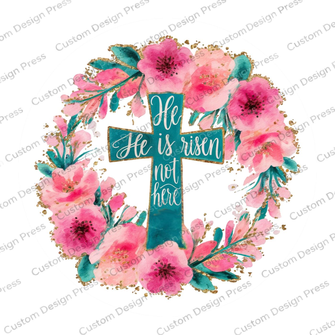 He Is Risen Pink Floral Cross Wreath Center Round