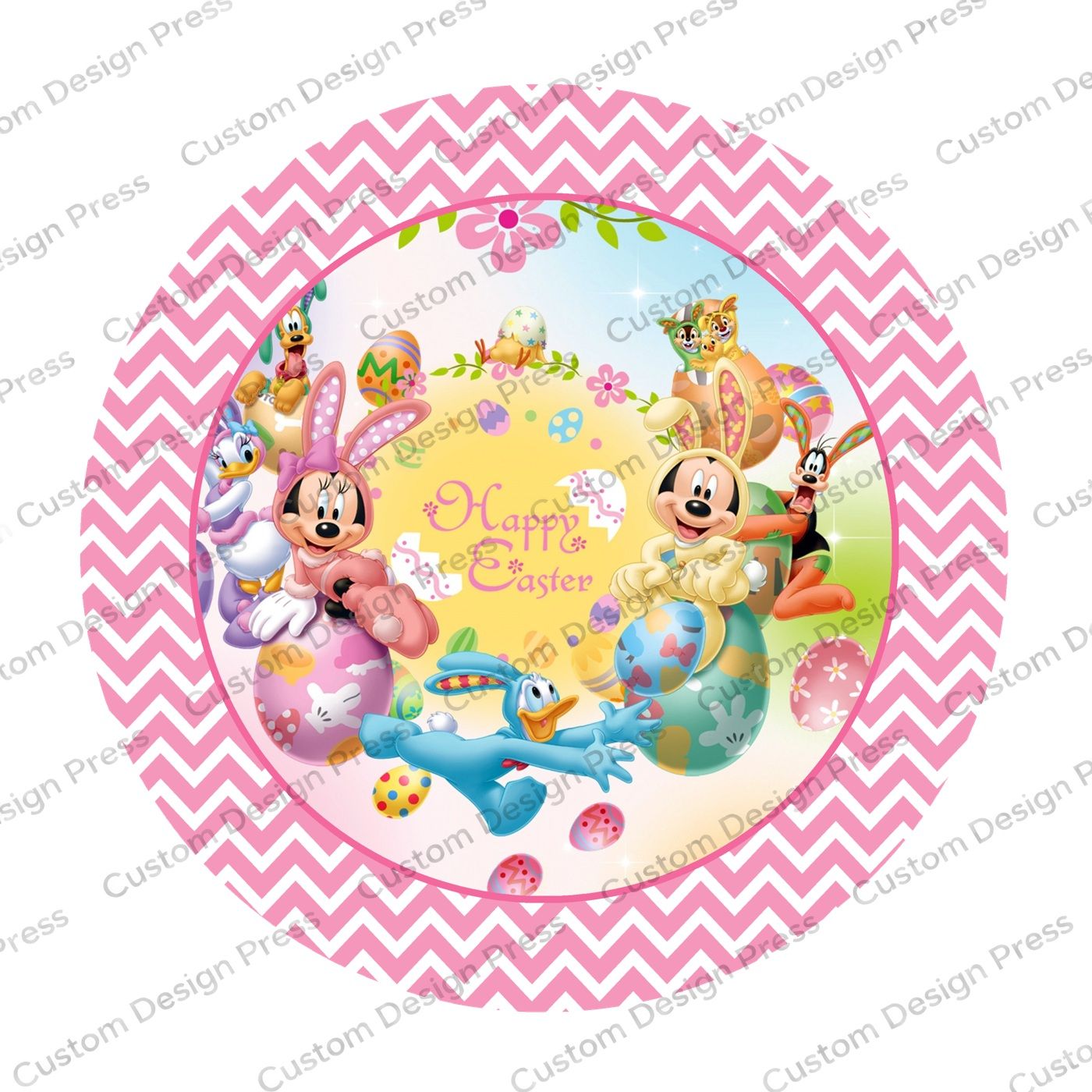 Happy Easter Pink Chevron Bunnies Wreath Center Round