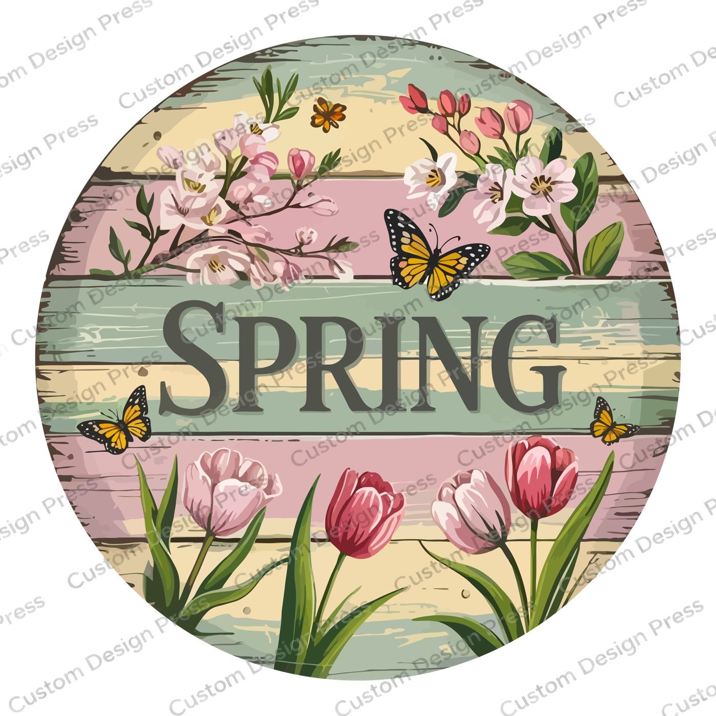 Spring Pastel Wood Tulips and Butterflies Wreath Center Round