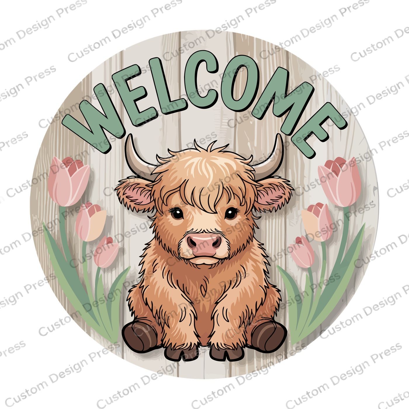 Welcome Highland Cow and Pink Tulips Wreath Center Round