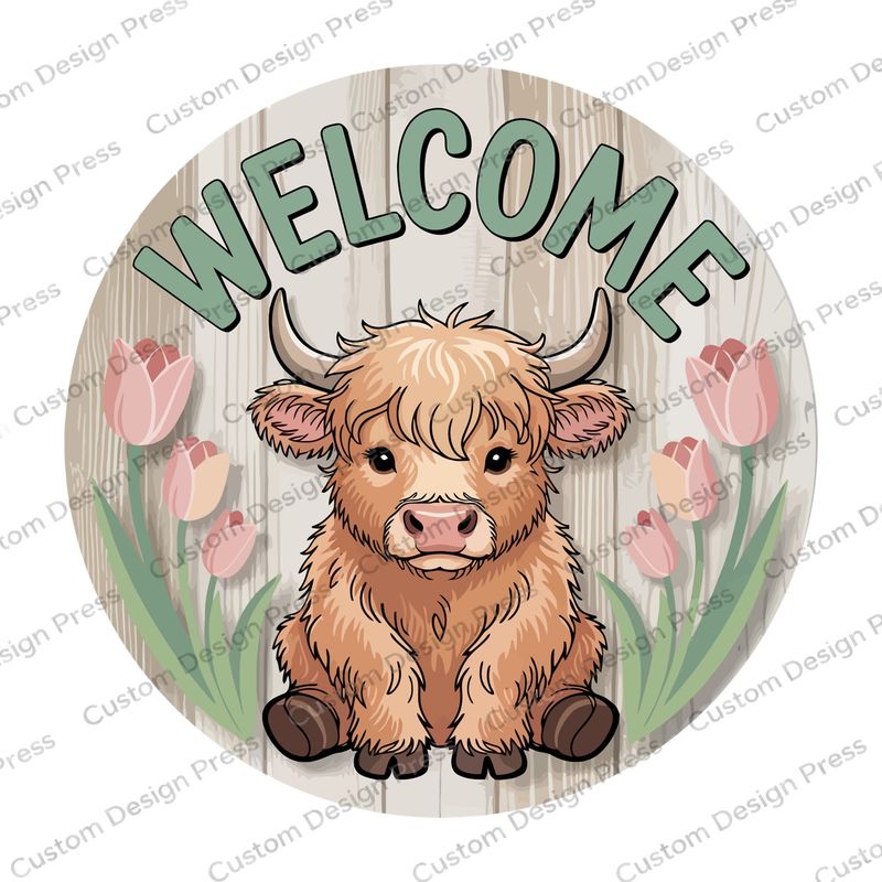 Welcome Highland Cow and Pink Tulips Wreath Center Round