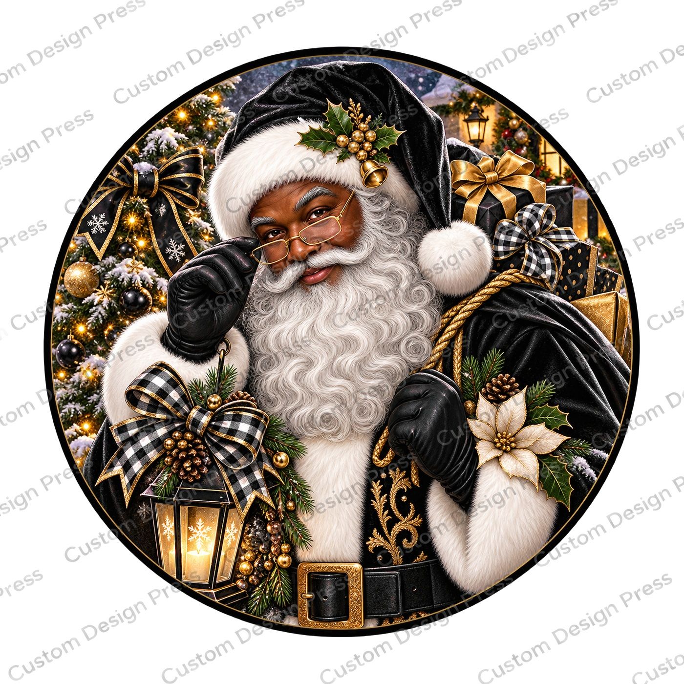 Black and Gold Santa Wreath Center Round