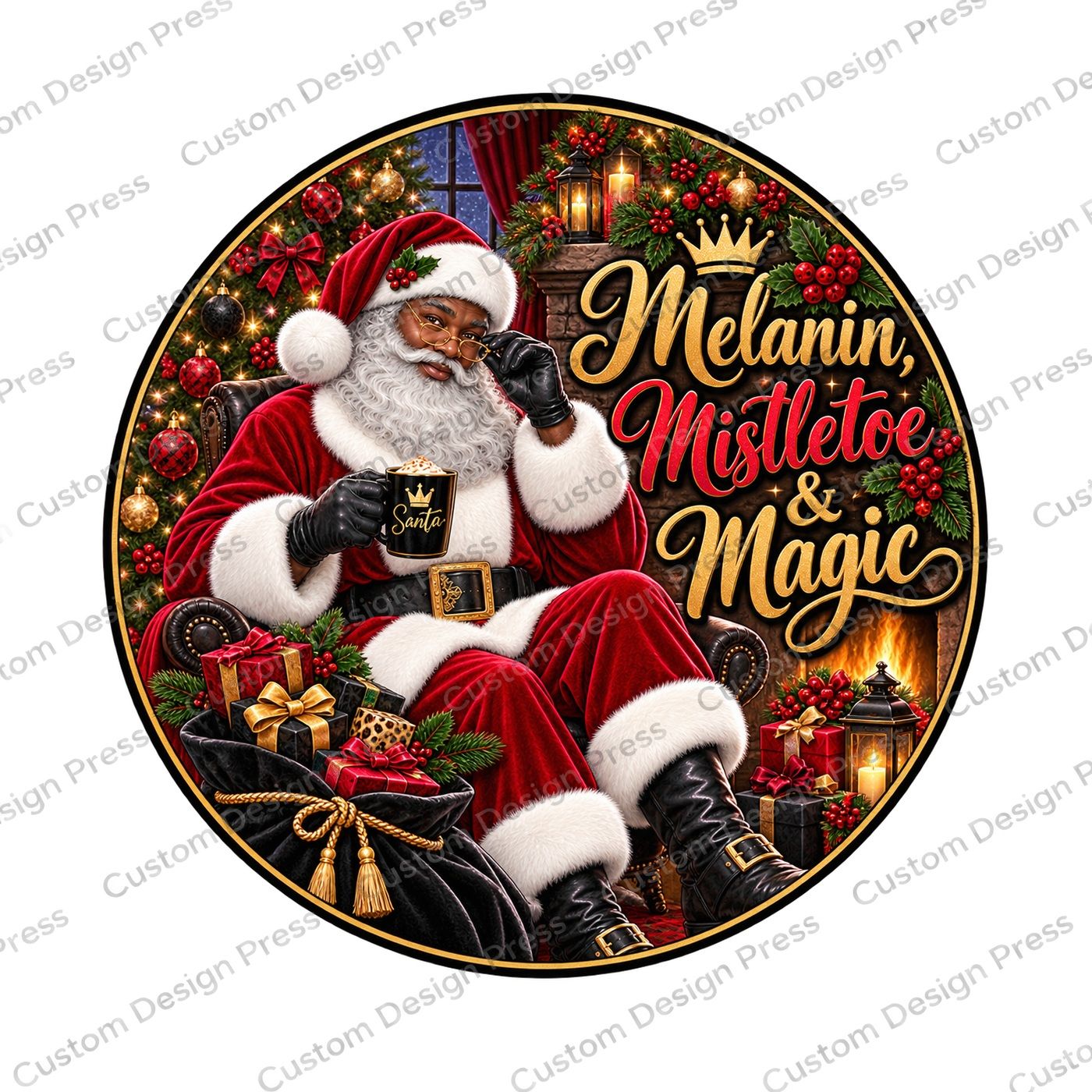 Melanin Mistletoe and Magic Santa Wreath Center Round
