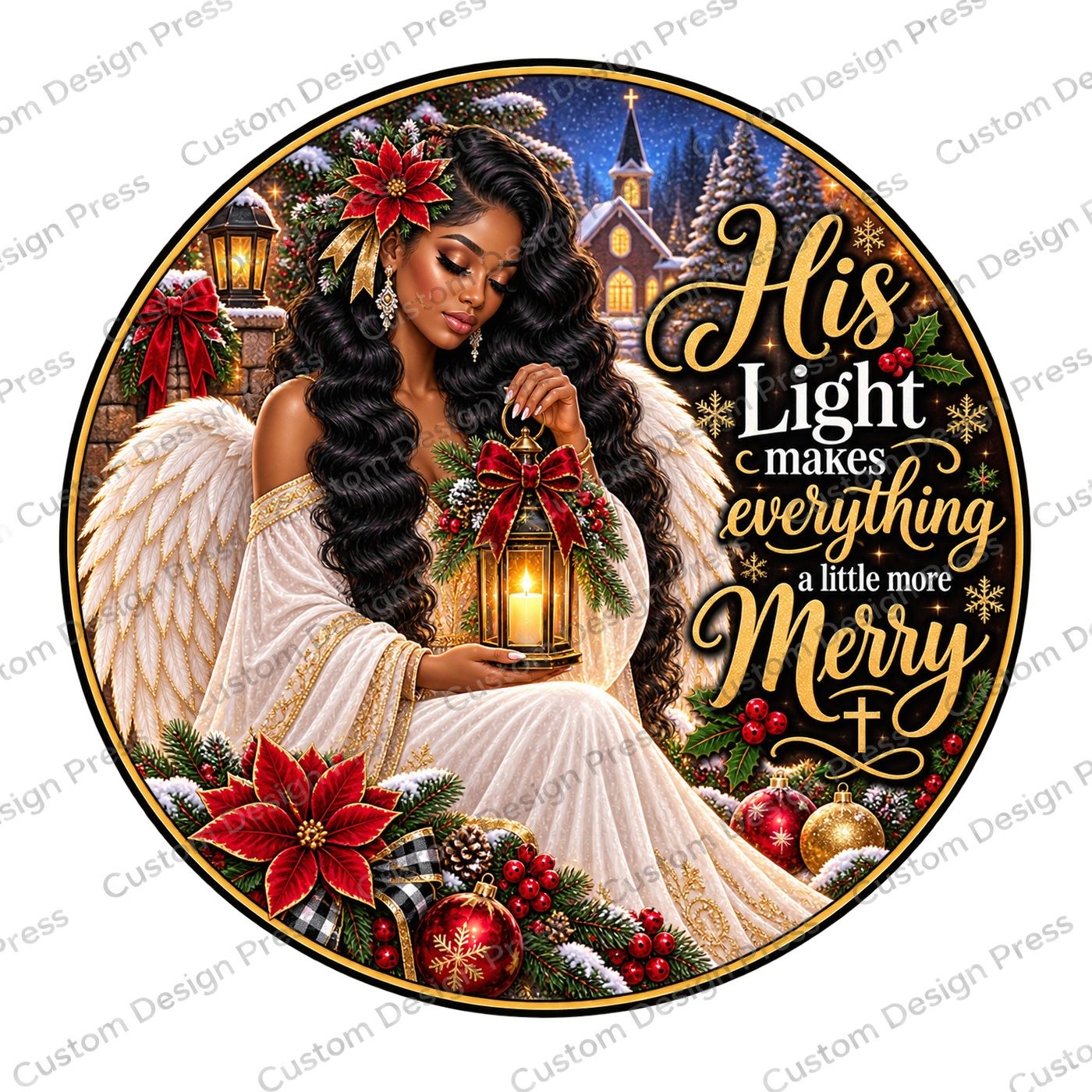 His Light Makes Everything Merry Angel Wreath Center Round