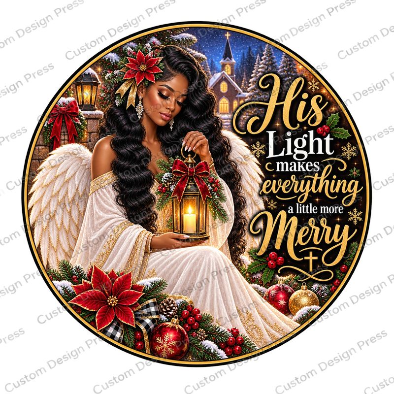 His Light Makes Everything Merry Angel Wreath Center Round