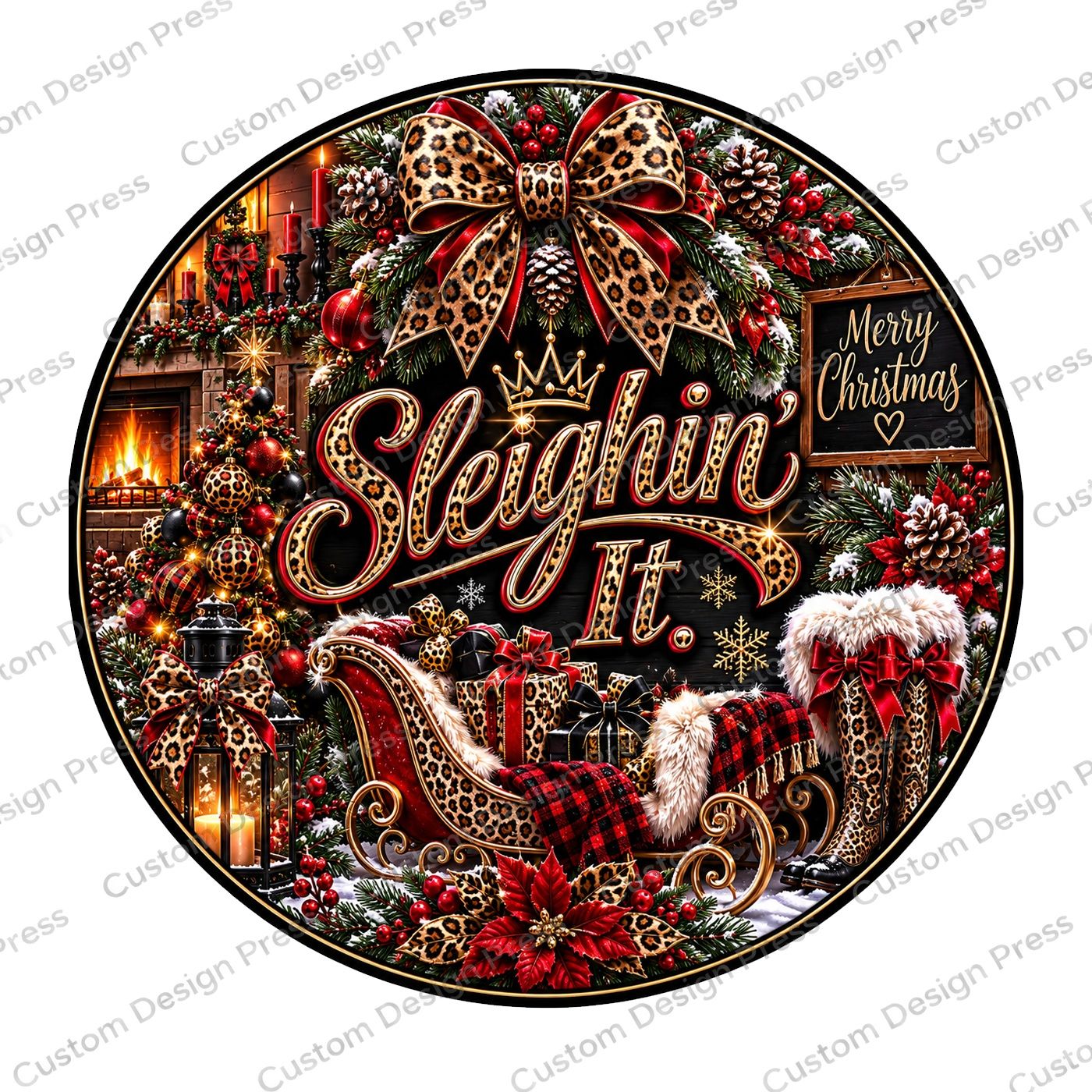 Sleighin’ It Red and Leopard Wreath Center Round